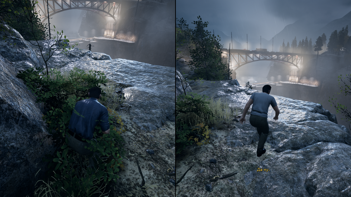 A Way Out (Windows) screenshot: Approaching the bridge. There are two possible way to get across