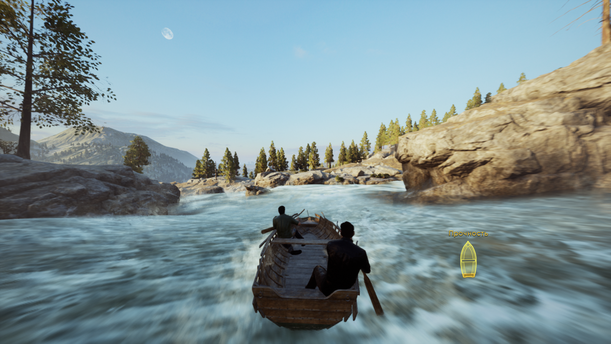 A Way Out (Windows) screenshot: Us in a little boat (almost ruined)