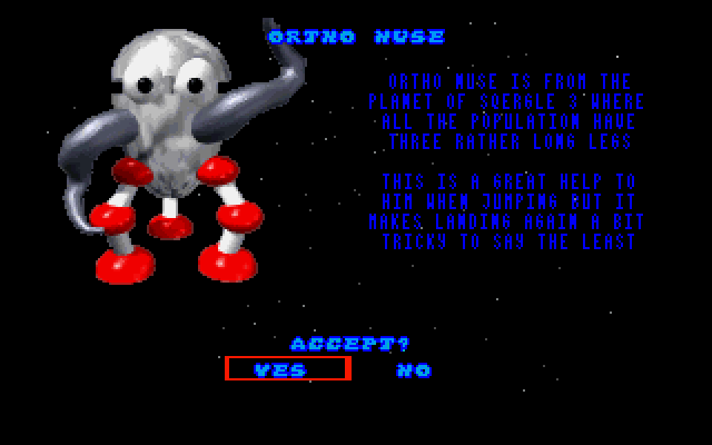 Alien Olympics (DOS) screenshot: Ortho Nuse