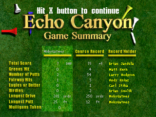 Peter Jacobsen's Golden Tee Golf (PlayStation) screenshot: Quit... and the "Game Summary" appears...