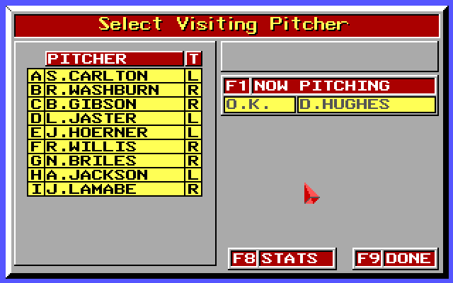 MicroLeague Baseball (Amiga) screenshot: Select visiting Pitcher