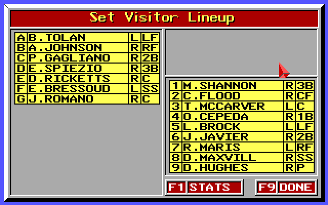 MicroLeague Baseball (Amiga) screenshot: Set Visitor lineup