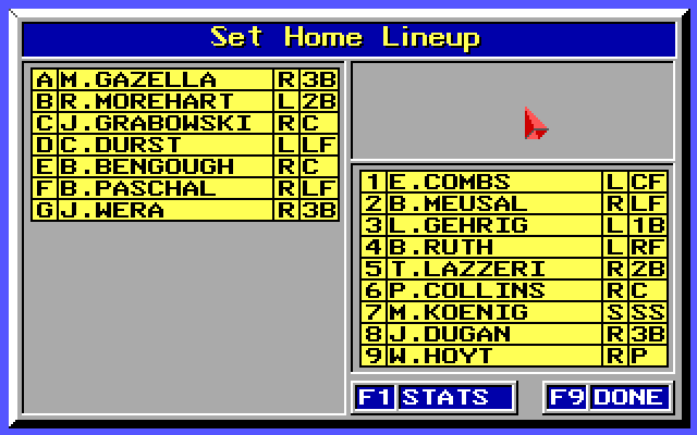 MicroLeague Baseball (Amiga) screenshot: Set Home Lineup