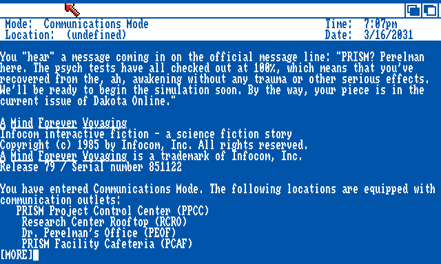 A Mind Forever Voyaging (Amiga) screenshot: Introduction