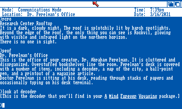 A Mind Forever Voyaging (Amiga) screenshot: Important items can be found in the game package