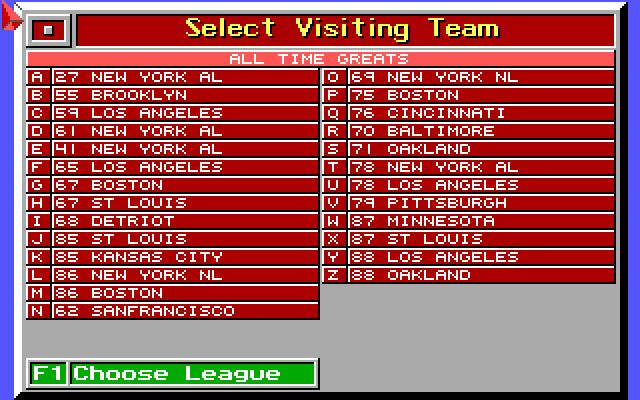 MicroLeague Baseball (Amiga) screenshot: Select visiting team