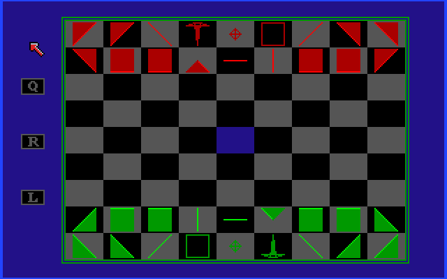 Laser Chess (Amiga) screenshot: Board with filled pieces
