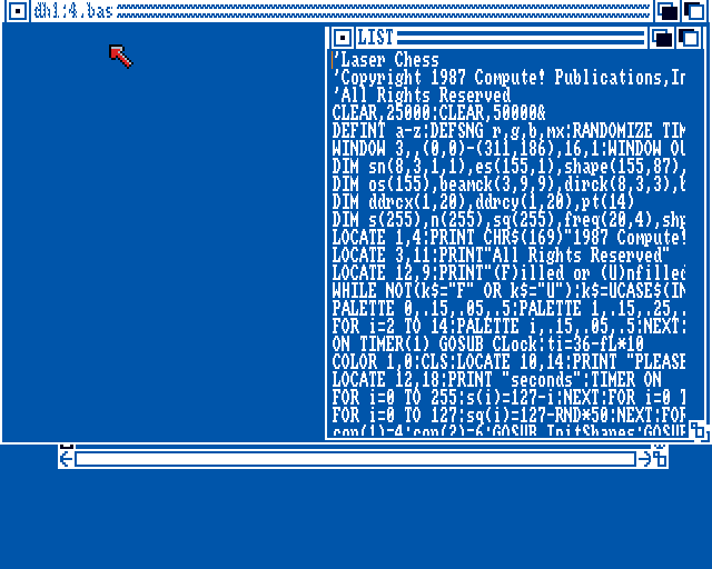 Laser Chess (Amiga) screenshot: Program loaded in Amiga Basic