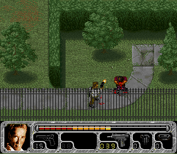 True Lies (SNES) screenshot: You can move Harry's arm while firing the Uzi... spray and pray as it were.
