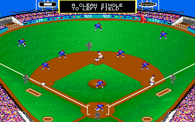 MicroLeague Baseball (Amiga) screenshot: Clean single to left field