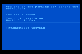 Crime Adventure (Atari 8-bit) screenshot: Every Adventure Game Must Have a Shovel