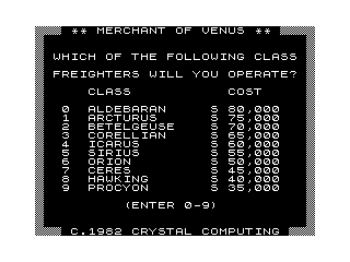 Merchant of Venus (ZX81) screenshot: Choosing a ship