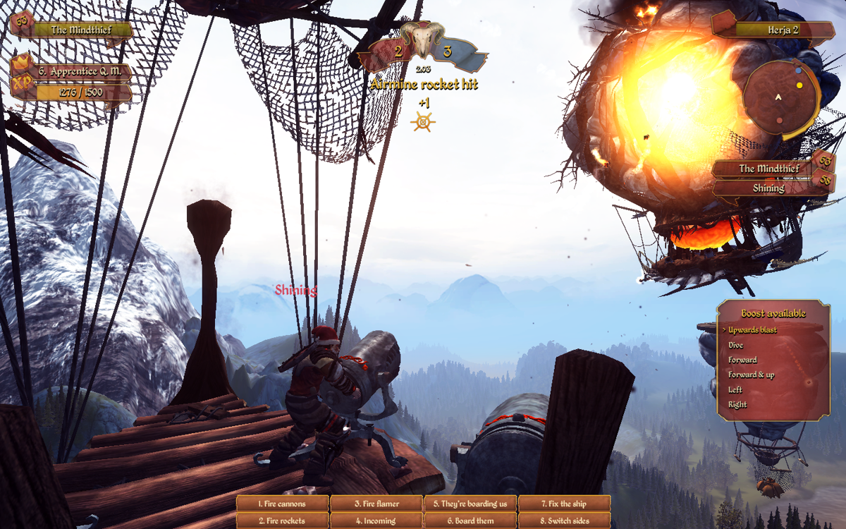 AirBuccaneers (Windows) screenshot: A teammate fires at a buccaneer ship, while I do the steering.