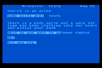 Around the World Adventure (Atari 8-bit) screenshot: Harassing a Fat Woman with a Mouse