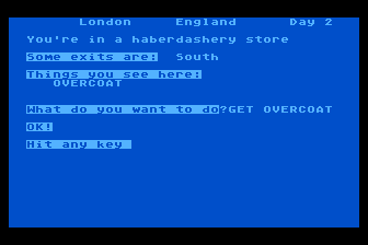 Around the World Adventure (Atari 8-bit) screenshot: Getting an Overcoat