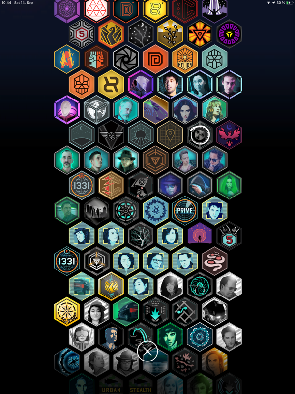 Ingress Prime (iPad) screenshot: There are medals to earn, a lot of medals.