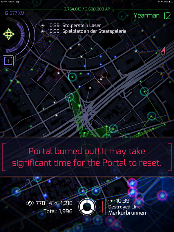 Ingress Prime (iPad) screenshot: You can wait four hours for the portal to reset or you can install a heat sink.