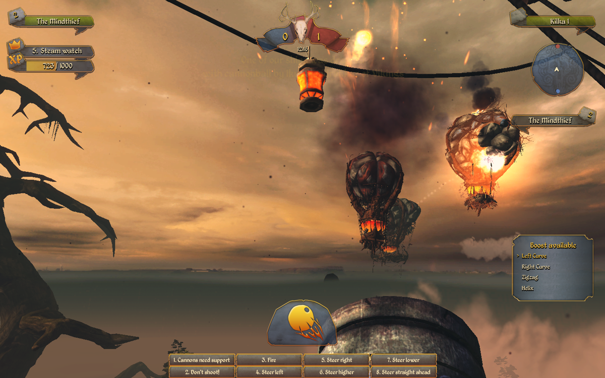 AirBuccaneers (Windows) screenshot: A friendly ship is about to sink, while I attempt a wide shot.