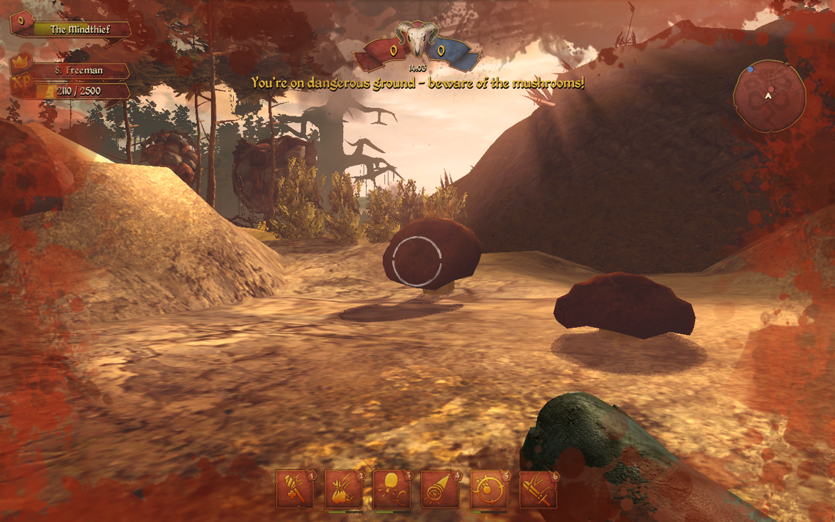 AirBuccaneers (Windows) screenshot: The ground areas outside the base are populated by dangerous mushrooms.