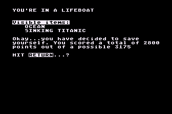 Dateline Titanic (Atari 8-bit) screenshot: It Would have Been Perfect, but I Overloaded a Lifeboat