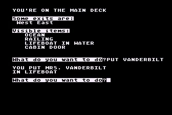 Dateline Titanic (Atari 8-bit) screenshot: Mrs. Vanderbilt is Saved