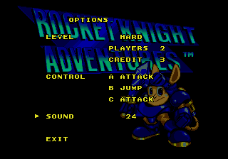 Rocket Knight Adventures (Genesis) screenshot: Options