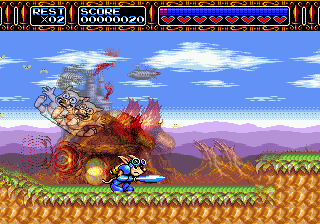 Rocket Knight Adventures (Genesis) screenshot: Sorry, no time for pigs-in-trousers.