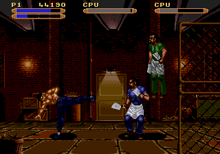 Dragon: The Bruce Lee Story (Genesis) screenshot: During the fight, the place is changed and another chef comes to the first one's aid.