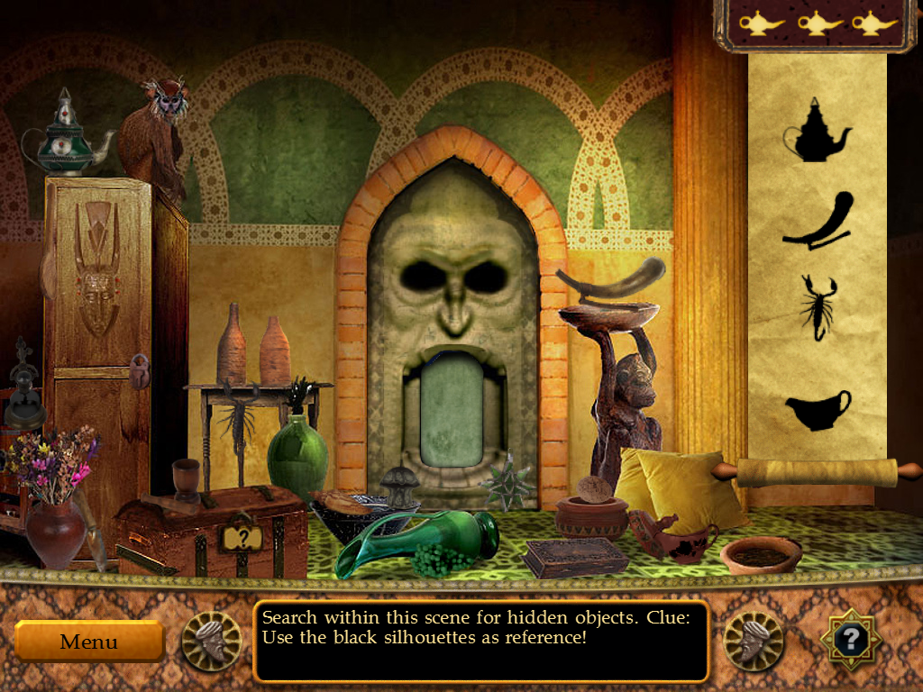 The Sultan's Labyrinth (iPad) screenshot: Level 1-1. Find the items shown by their silhouettes.
