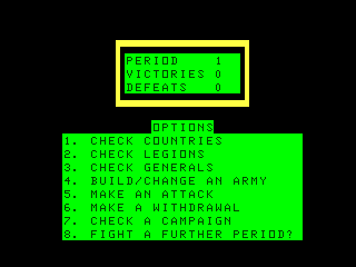 Roman Empire (Dragon 32/64) screenshot: Main options menu.