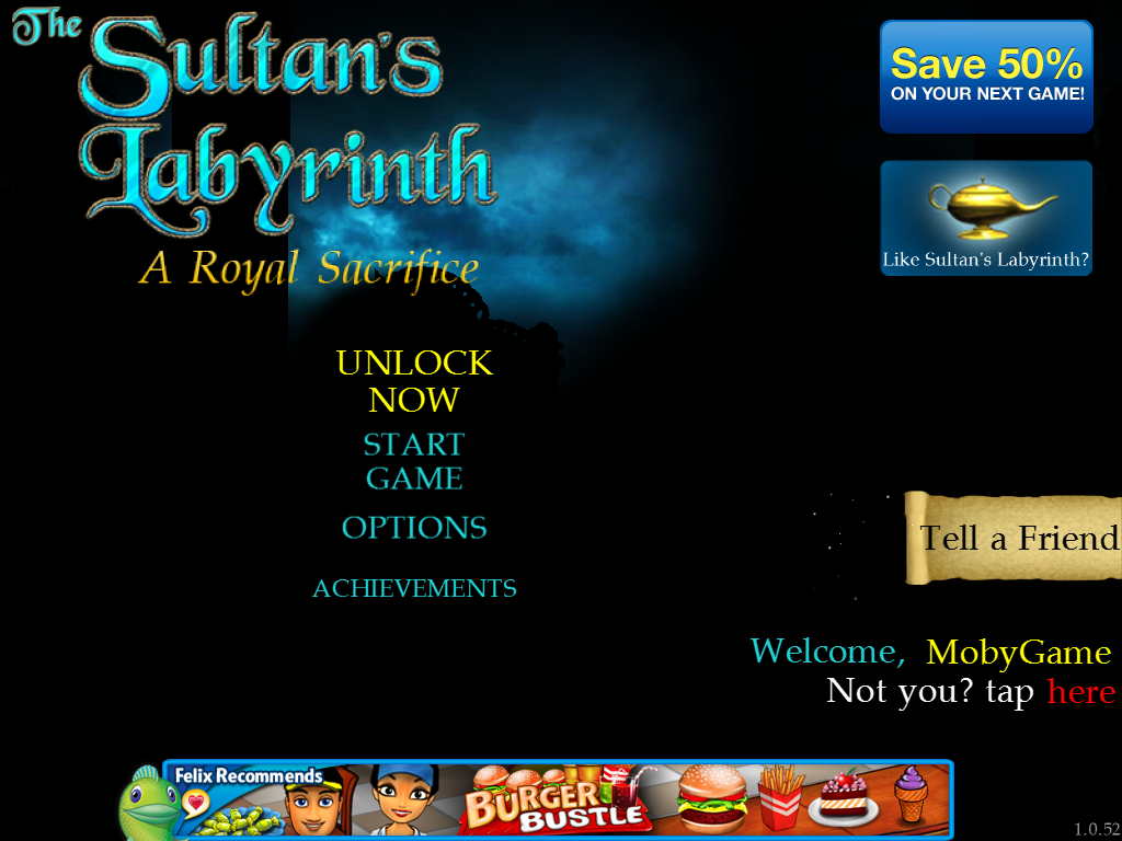 The Sultan's Labyrinth: A Royal Sacrifice (iPad) screenshot: Title and main menu