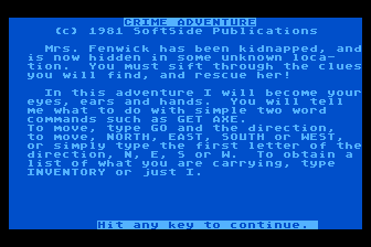 Crime Adventure (Atari 8-bit) screenshot: Introduction