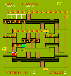 Rootin' Tootin' (Arcade) screenshot: Pianah in pursuit on Level 2.