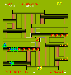 Rootin' Tootin' (Arcade) screenshot: Guitacos chasing your tuba on Level 1.