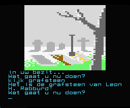 De Sekte... (MSX) screenshot: Digging up a Grafsteen (tombstone).