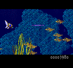 Deep Blue (TurboGrafx-16) screenshot: Gameplay: This is a shoot 'em up starring a fish submarine.