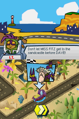 Galaxy Racers (Nintendo DS) screenshot: MISS FITZ is going to steal DAVE's sandcastle