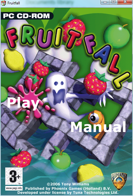Fruit Fall (Windows) screenshot: The CD auto loads to this screen The game plays from the CD The manual is in .wri format and opens with MS Word or Wordpad