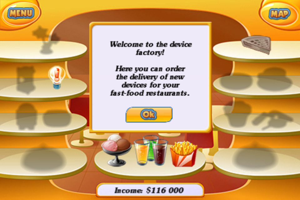 Success Story (iPhone) screenshot: Welcome to the device factory where you can add menu items or equipment.