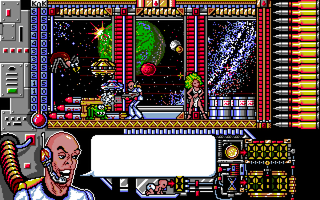 Oberon 69 (Amiga) screenshot: Protecting the green haired lady
