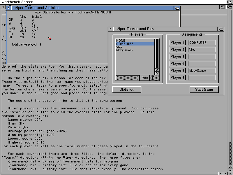 Viper (Amiga) screenshot: Tournament mode keeps detailed stats on player performance