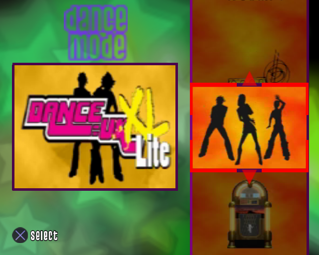 Dance:UK XL Lite (PlayStation 2) screenshot: This screen selects the game mode Up/Down on the left joystick scrolls through the choices of dancing, karaoke, juke box, display credits and game configuration options