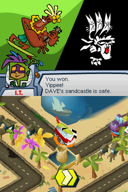 Galaxy Racers (Nintendo DS) screenshot: DAVE got to the sandcastle before MISS FITZ