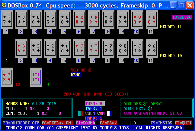 Tommy's Coon Can (DOS) screenshot: First game won. It looks a bit strange, as the auto-sort is off.
