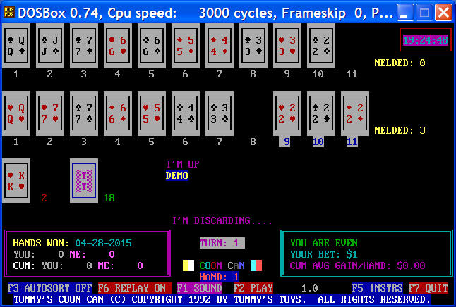 Tommy's Coon Can (DOS) screenshot: Demo play active, open hands selected.