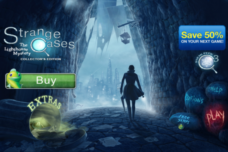 Strange Cases: The Lighthouse Mystery (Collector's Edition) (iPhone) screenshot: Title and main menu