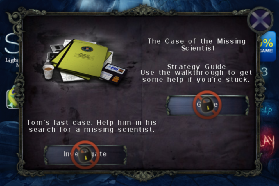 Strange Cases: The Lighthouse Mystery (Collector's Edition) (iPhone) screenshot: Extras menu. Everything is locked unless you buy the game.