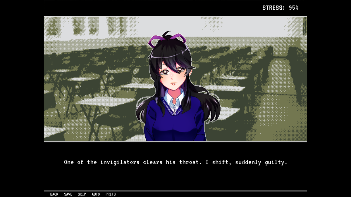 Lynne (Windows) screenshot: Lynn's stress is at an all time high, and she's failing her math examn, just being caught cheating by a invigilator