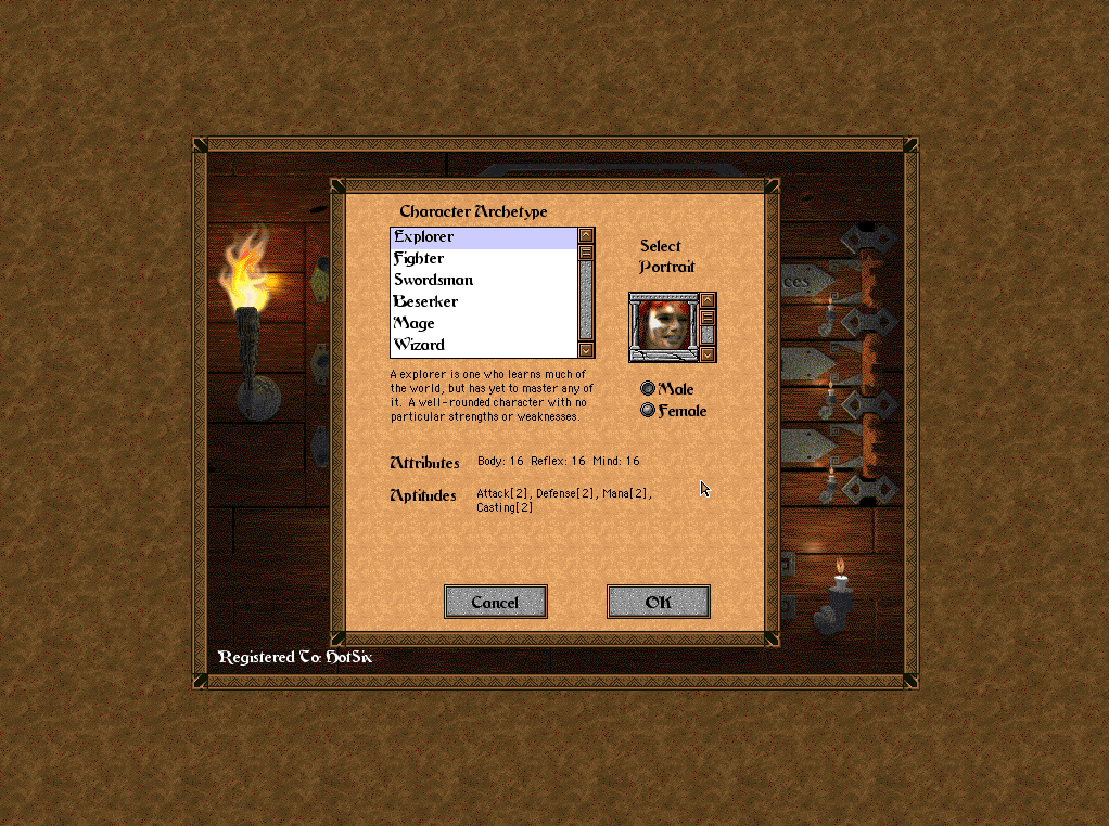 Cythera (Macintosh) screenshot: The character creation screen, where you choose between different classes and choose your sex and portrait.