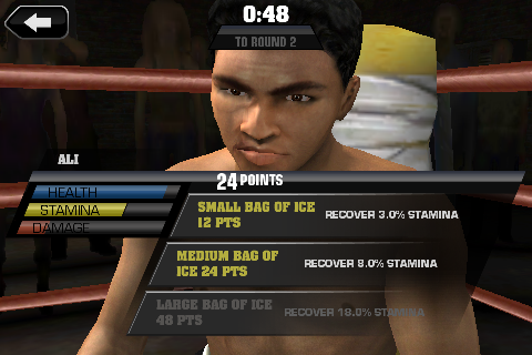 Fight Night Champion (iPhone) screenshot: Points can be spent on increasing health, stamina, and damage